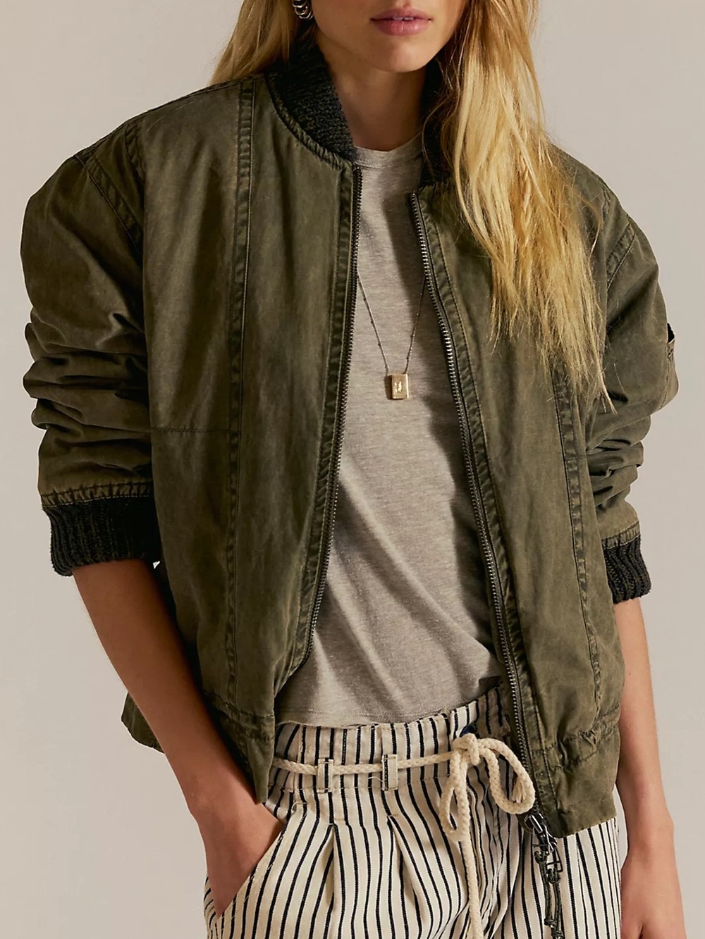 Free People We The Free Jax Washed Bomber in Olive Green NWT